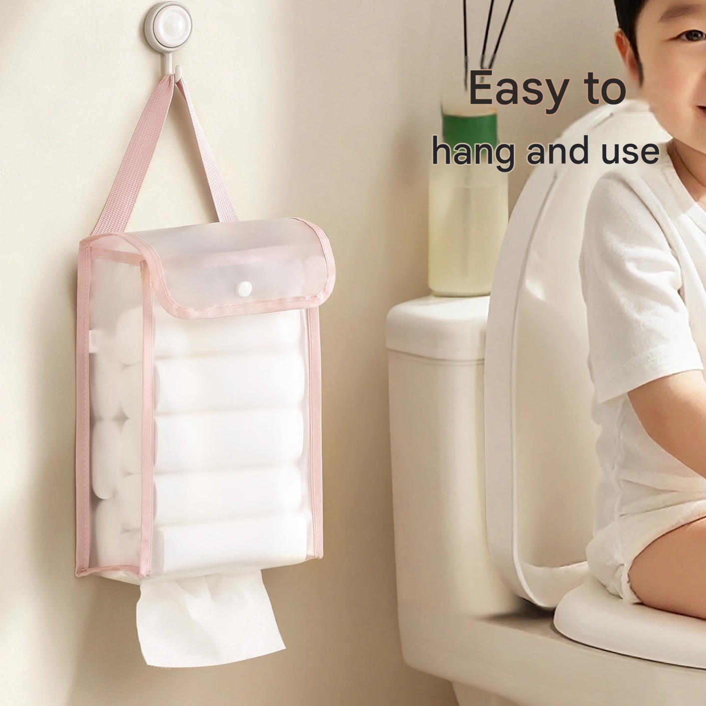 3 PCS White Wall Mounted Transparent Tissue Storage Bag Waterproof Hanging Holder with Adhesive Hook V888-ELOSUNG51391