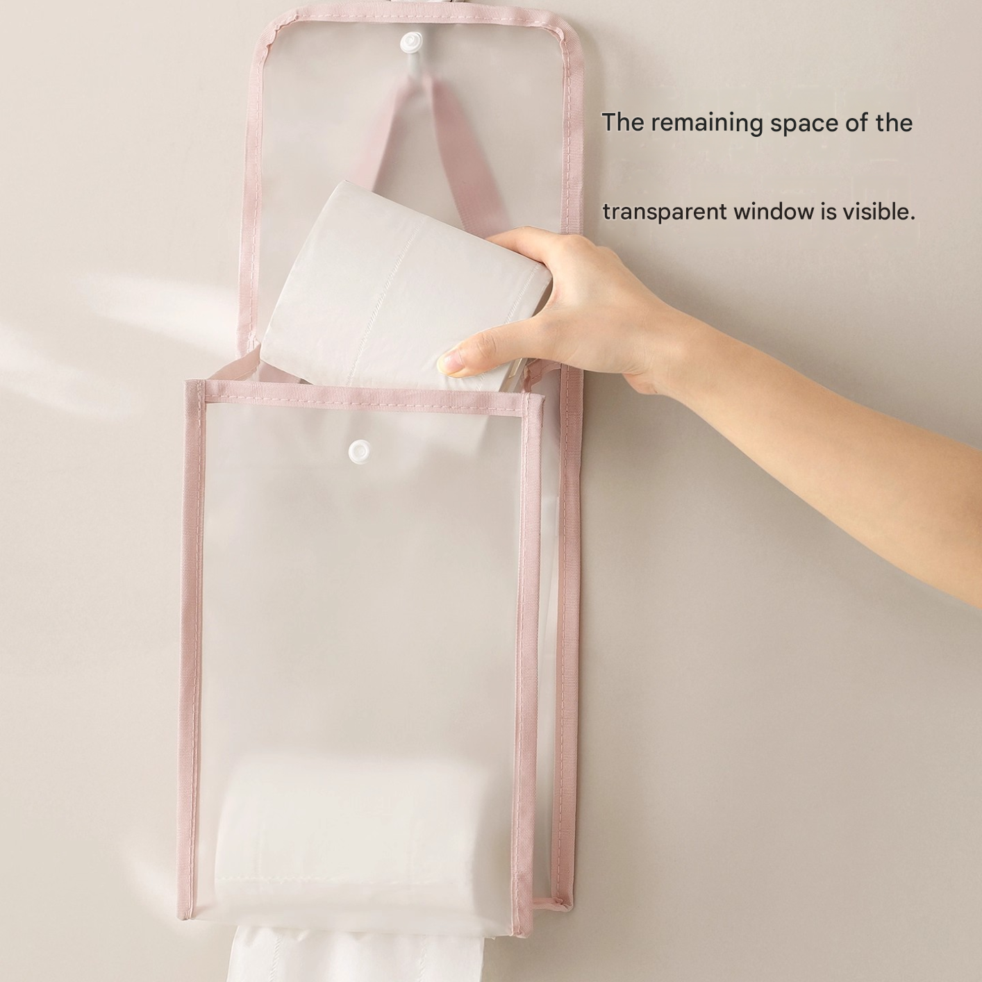 3 PCS Pink Wall Mounted Transparent Tissue Storage Bag Waterproof Hanging Holder with Adhesive Hook V888-ELOSUNG51392