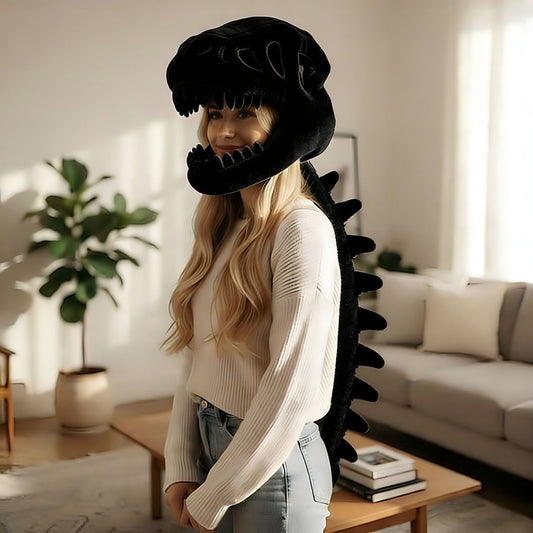120CM Black Funny Dinosaur Skeleton Plush Headwear - Quirky Bone Fossil Plushie Hat & Huggable Doll for Party V888-ELOSUNG52005