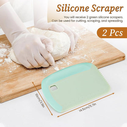 2-Pack Green Multipurpose Dough Scraper Cutter with TPE Soft Grip Handle, Dual Sided Scale & Serrated Edge - V888-ELOSUNG52017