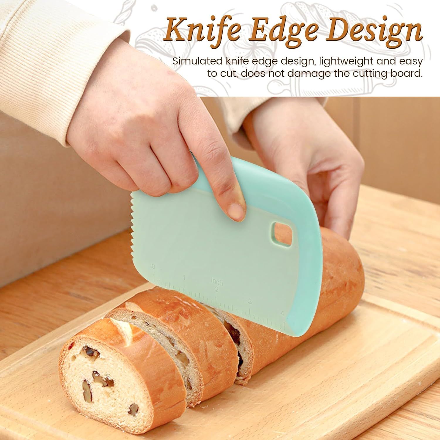 2-Pack Green Multipurpose Dough Scraper Cutter with TPE Soft Grip Handle, Dual Sided Scale & Serrated Edge - V888-ELOSUNG52017