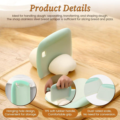 2-Pack Green Multipurpose Dough Scraper Cutter with TPE Soft Grip Handle, Dual Sided Scale & Serrated Edge - V888-ELOSUNG52017