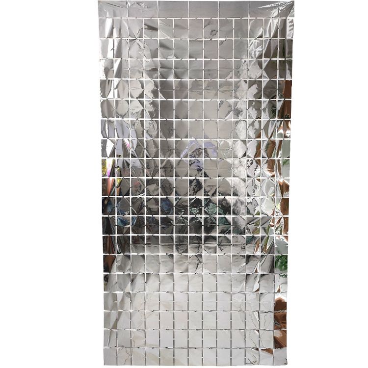 Silver 3D Shimmer Foil Fringe Square Cube Curtain (2 PCS) - 1m x 2m Self-Adhesive Metallic Backdrop for V888-ELOSUNG52020