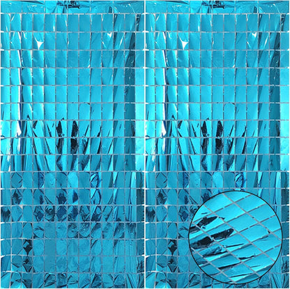 Blue 3D Shimmer Foil Fringe Square Cube Curtain (2 PCS) - 1m x 2m Self-Adhesive Metallic Backdrop for V888-ELOSUNG52023
