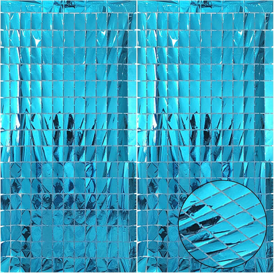 Blue 3D Shimmer Foil Fringe Square Cube Curtain (2 PCS) - 1m x 2m Self-Adhesive Metallic Backdrop for V888-ELOSUNG52023