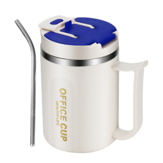 White and Blue 16oz Stainless Steel Office Mug with Phone Stand Lid, Straw and Spoon - 500ML Double Wall V888-ELOSUNG52031