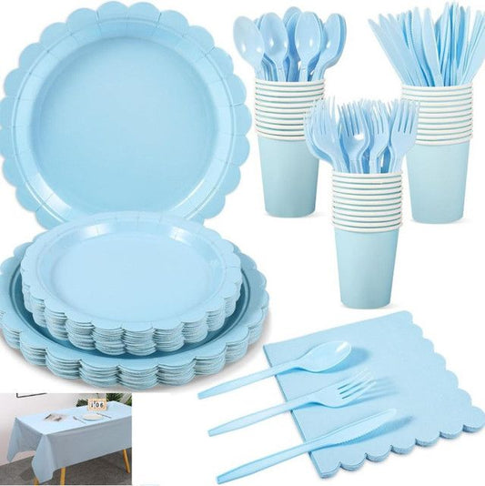7-Piece Light Blue Scalloped Party Tableware Set for 25 Guests - Disposable Paper Plates 7 / 9 inch, 9oz V888-ELOSUNG52034
