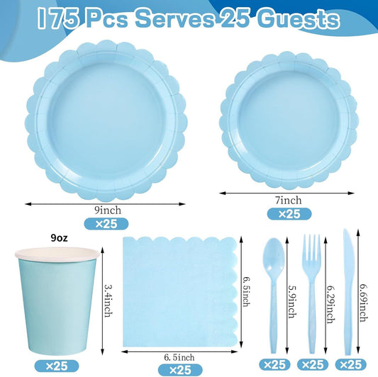 7-Piece Light Blue Scalloped Party Tableware Set for 25 Guests - Disposable Paper Plates 7 / 9 inch, 9oz V888-ELOSUNG52034
