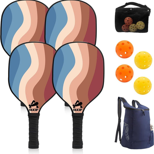 Lightweight 9-Ply Hard Basswood Pickleball Paddle Set with Curved Stripes Design - 4 Durable Paddles + 4 V888-ELOSUNG52096
