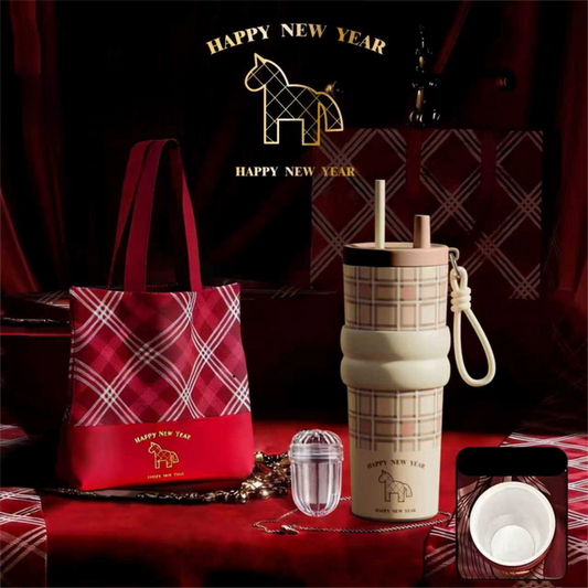 Beige British Equestrian Plaid 710ML Insulated Travel Mug with Dual-Drink Lid, Straw & Straw Cap - Ceramic V888-ELOSUNG52098