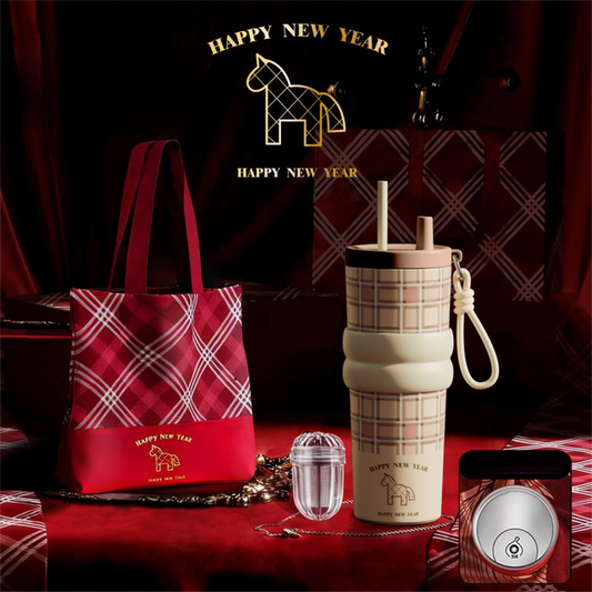 Beige British Equestrian Plaid 710ML Insulated Travel Mug with Dual-Drink Lid, Straw & Straw Cap - 316 V888-ELOSUNG52101