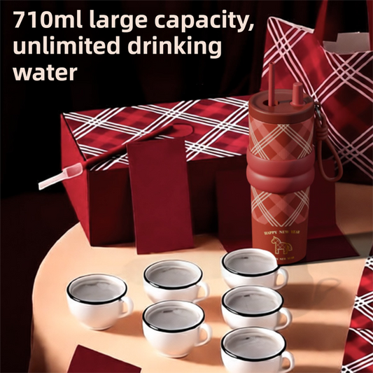 Beige British Equestrian Plaid 710ML Insulated Travel Mug with Dual-Drink Lid, Straw & Straw Cap - 316 V888-ELOSUNG52101