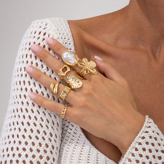 7-Piece Gold Liquid Lava Flower Stacking Open Rings Set with Imitation Pearls & Geometric Dripping Oil - V888-ELOSUNG52117
