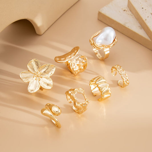 7-Piece Gold Liquid Lava Flower Stacking Open Rings Set with Imitation Pearls & Geometric Dripping Oil - V888-ELOSUNG52117