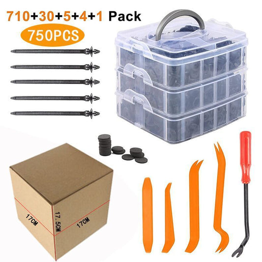 Boxed 710Pcs Heavy Duty Car Retainer Clips Kit with 4Pcs Fastener Removal Tools, 5Pcs Reusable Cable Ties and V888-ELOSUNG52141