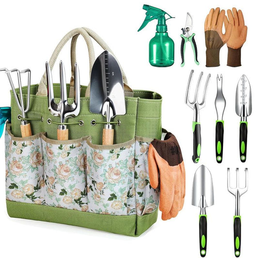 Premium 9-Piece Aluminium Alloy Garden Tool Set with Durable Storage Tote Bag - Heavy Duty Gardening Hand Kit V888-ELOSUNG52194