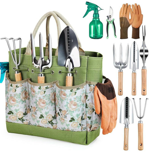 Premium 9-Piece Stainless Steel Garden Tool Set with Durable Storage Tote Bag - Heavy Duty Gardening Hand Kit V888-ELOSUNG52195