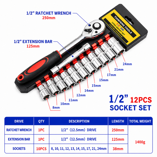 12PCS Portable 1/2 Inch Ratchet Socket Wrench Set - 10 Sizes Metric Socket Set, Quick Release Reversible V888-ELOSUNG52199