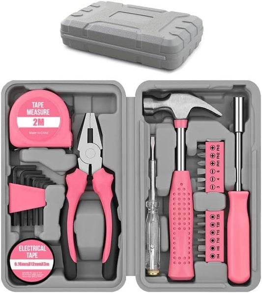24-Piece Pink Multifunctional Home Tool Kit for Women - Compact Mini Starter Hardware Set with Hammer, V888-ELOSUNG52201