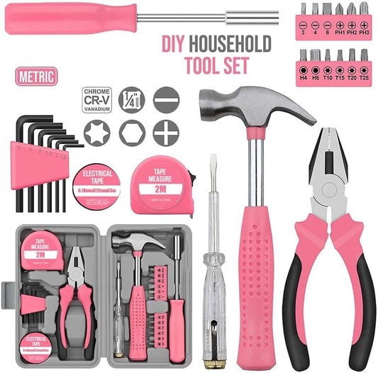 24-Piece Pink Multifunctional Home Tool Kit for Women - Compact Mini Starter Hardware Set with Hammer, V888-ELOSUNG52201
