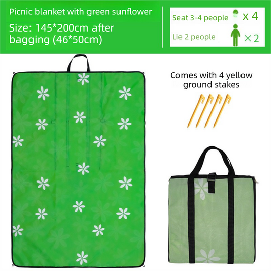 2-in-1 Foldable 145 x 200CM Outdoor Picnic Mat and Storage Handled Bag with Green Sunflower Pattern & 4 V888-ELOSUNG52220