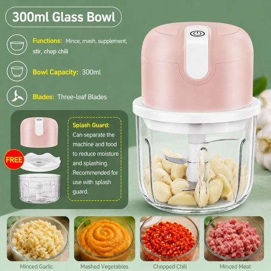 Pink 300ML Electric Mini Food Processor & Garlic Chopper with Glass Bowl,3 Stainless Steel Blades & USB V888-ELOSUNG52255