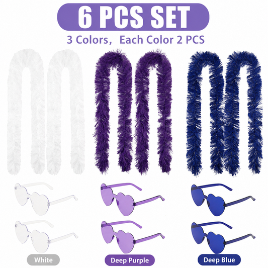 6PCS Festival Party Costume Accessories Set : Heart Shaped Sunglasses and 1.5M Feather Boas - White & Dark V888-ELOSUNG52266