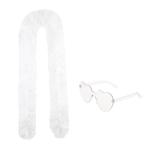 6PCS Festival Party Costume Accessories Set : Heart Shaped Sunglasses and 1.5M Feather Boas - White & Dark V888-ELOSUNG52266