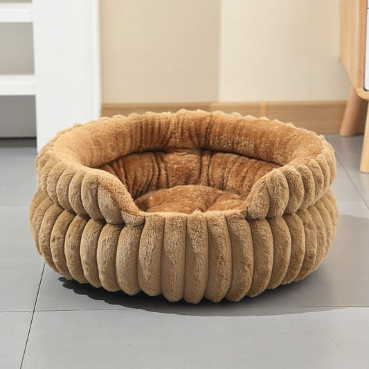 Coffee Plush Round Pet Bed with Gap Entry & Removable Cushion S Size - Thickened Warm Anti Slip Cats and Dogs V888-ELOSUNG52272