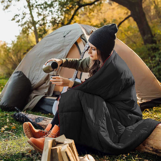 200x140cm Black Large Outdoor Camping Down Cotton Wearable Warmth Blanket, Quilted Poncho Shawl Throw with V888-ELOSUNG52301
