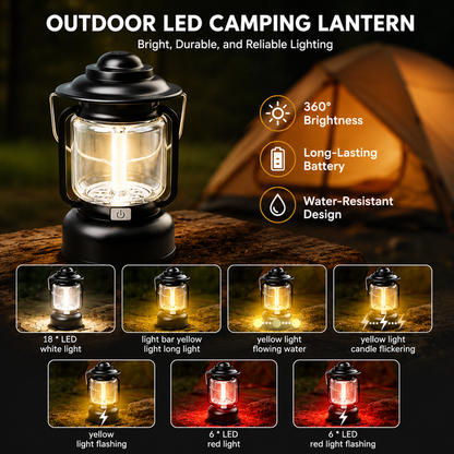 Silver and Grey Vintage LED Outdoor Camping Lantern with Warm Ambient Light - 7 Lighting Modes, 24H Long V888-ELOSUNG52308
