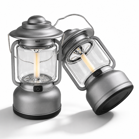 2PCS Silver and Grey Vintage LED Outdoor Camping Lantern with Warm Ambient Light - 7 Lighting Modes, 24H Long V888-ELOSUNG52311