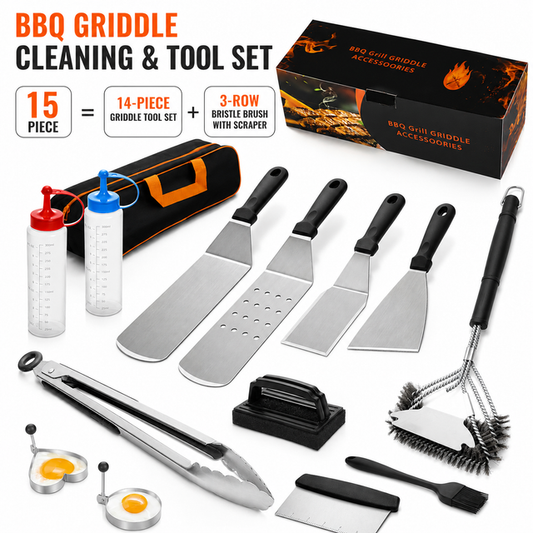 15-Piece Stainless Steel BBQ Griddle Tools and 3-Row Grill Cleaning Wire Brush Set, Portable Outdoor Barbecue V888-ELOSUNG52322