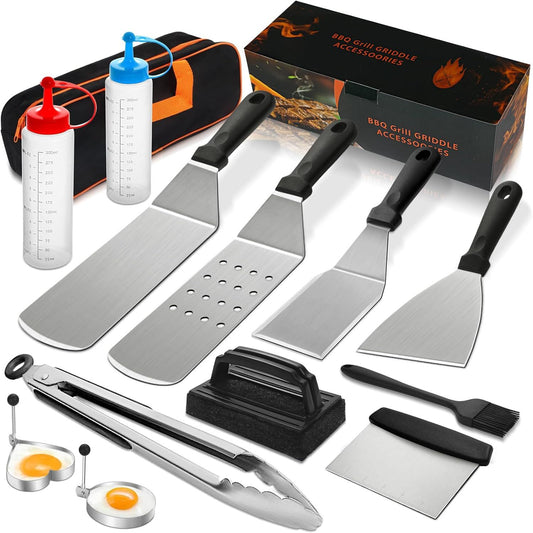 14PCS Stainless Steel BBQ Griddle Tool Kit with Carry Bag, Flat Top Grill Accessories Set for Blackstone and V888-ELOSUNG52323