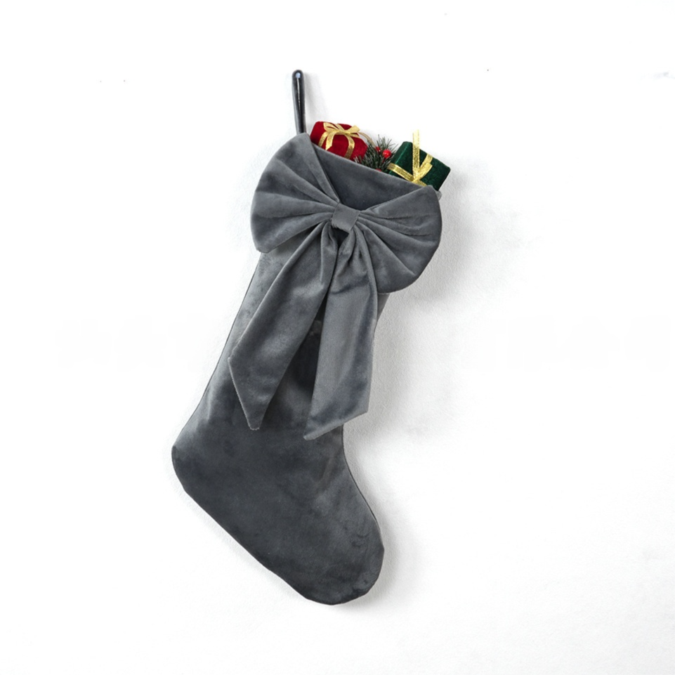 18 Inch Oversized Grey Luxury Velvet Christmas Stocking with Bow & Loop, Fireplace Hanging Gift Bag, Holiday V888-ELOSUNG52348