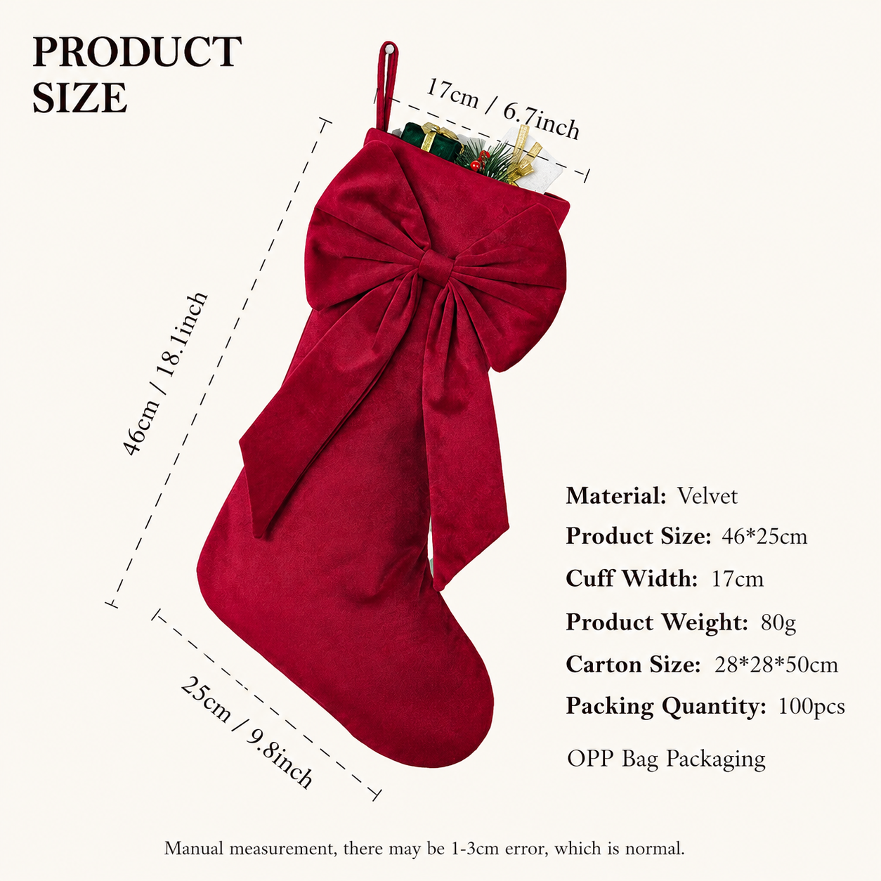18 Inch Oversized Grey Luxury Velvet Christmas Stocking with Bow & Loop, Fireplace Hanging Gift Bag, Holiday V888-ELOSUNG52348