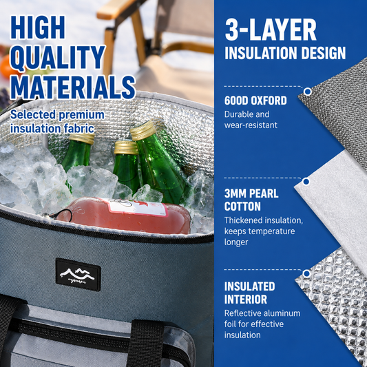 17L Large Capacity Insulated Cooler Bag, Muti Pockets Oxford Fabric Lunch Tote - Foldable 3-Layer Thermal V888-ELOSUNG52376