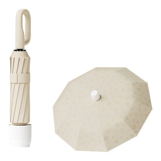 Beige Foldable Automatic Open Umbrella with Retractable Waterproof Sleeve, Clip Handle and Winproof Dual Rib V888-ELOSUNG52412