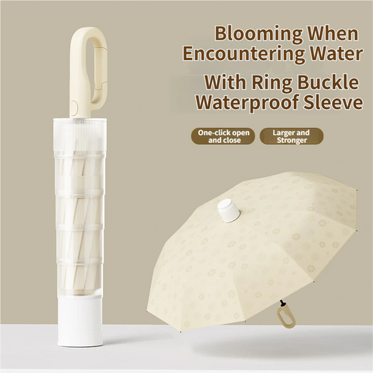 Beige Foldable Automatic Open Umbrella with Retractable Waterproof Sleeve, Clip Handle and Winproof Dual Rib V888-ELOSUNG52412
