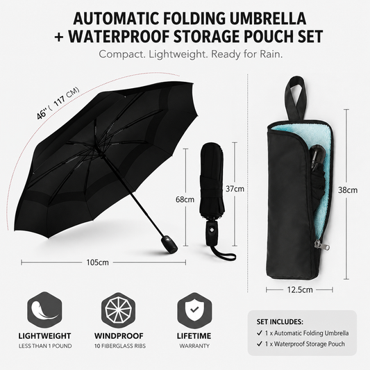 46 inch Black Windproof Automatic Travel Folding Umbrella and Black Absorbent Hanging Storage Pouch Set - V888-ELOSUNG52417