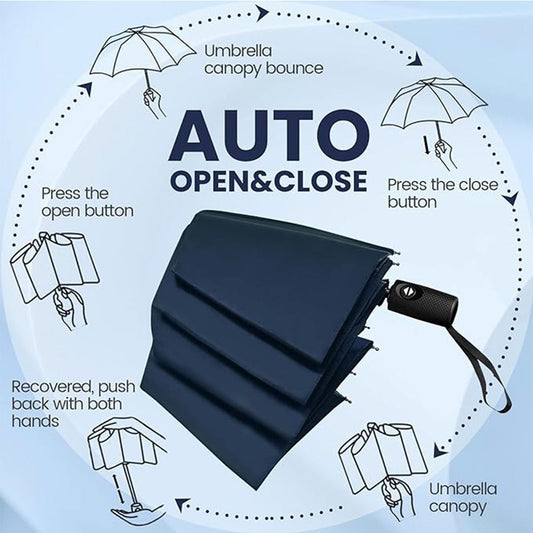 46 inch Black Windproof Automatic Travel Folding Umbrella and Black Absorbent Hanging Storage Pouch Set - V888-ELOSUNG52417