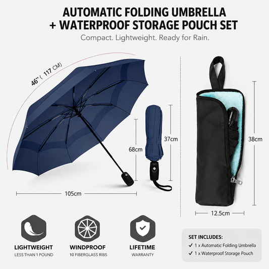 46 inch Navy Blue Windproof Automatic Travel Folding Umbrella and Black Absorbent Hanging Storage Pouch Set - V888-ELOSUNG52418
