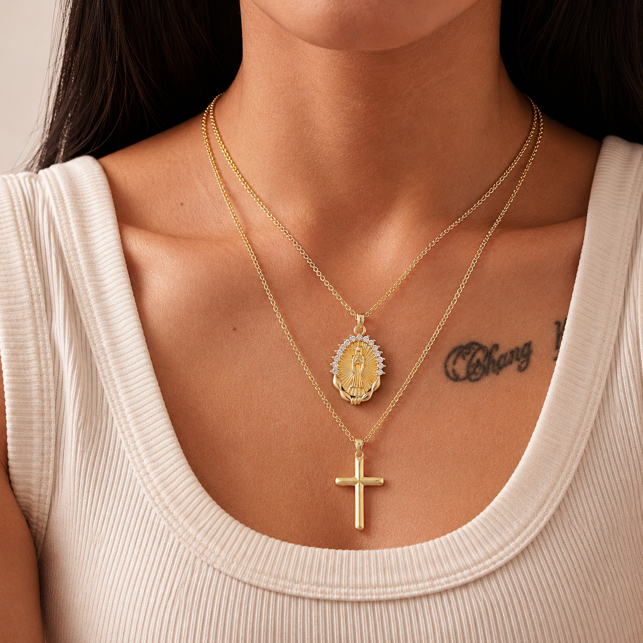 Jesus Cross Stackable Oval Pendant - Copper Plated Collarbone Chain with Jewelry Box, Christmas Easter Gift V888-ELOSUNG52424