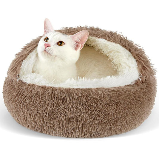 Brown Winter Long Plush Round Donut Cat Bed M Size Dia 40CM - Soft Fluffy Semi-Enclosed Pet Cave Bed with V888-ELOSUNG52470