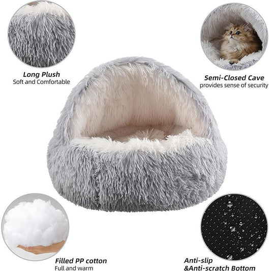 Brown Winter Long Plush Round Donut Cat Bed XL Size Dia 60CM - Soft Fluffy Semi-Enclosed Pet Cave Bed with V888-ELOSUNG52472