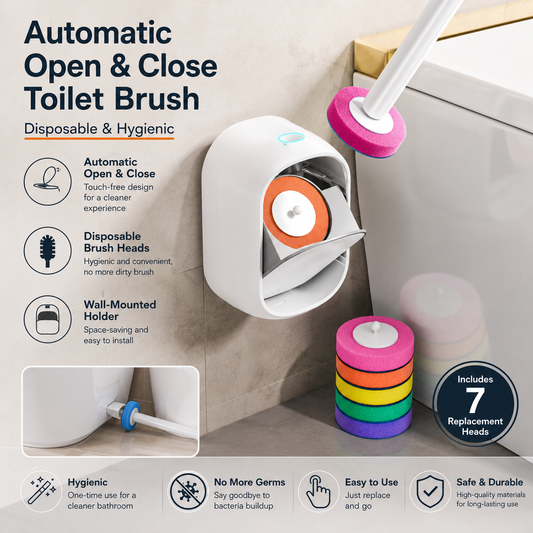Automatic Flip-Open Disposable Toilet Brush Set with 7 Cleaning Refill Heads, Wall Mounted Storage, V888-ELOSUNG52484