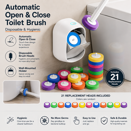 Automatic Flip-Open Disposable Toilet Brush Set with 21 Cleaning Refill Heads, Wall Mounted Storage, V888-ELOSUNG52485