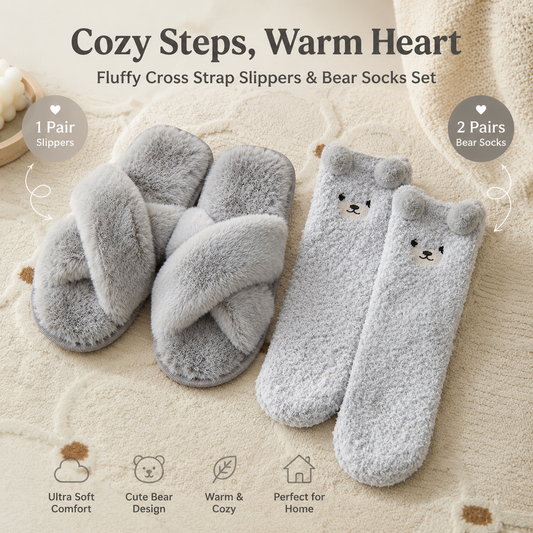 Cozy Winter Home Essentials Set - Grey 1 Pair Women's Plush Cross Band Faux Fur Slippers S Size & 2 Pairs V888-ELOSUNG52491