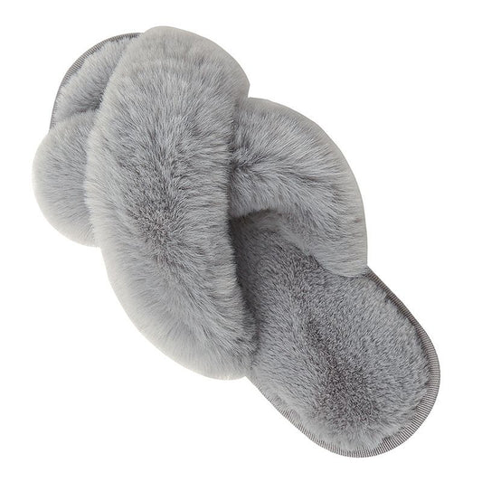 Cozy Winter Home Essentials Set - Grey 1 Pair Women's Plush Cross Band Faux Fur Slippers M Size & 2 Pairs V888-ELOSUNG52492