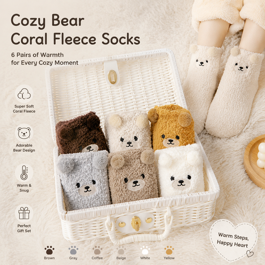 6 Pair Cute Teddy Bear Fuzzy Crew Socks Set, Coral Fleece Plush Winter Sleeping Socks, Thick Elastic Warm V888-ELOSUNG52499